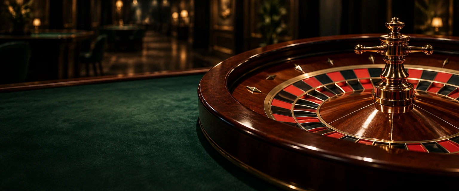 Ruleta de madera sobre una mesa de paño verde